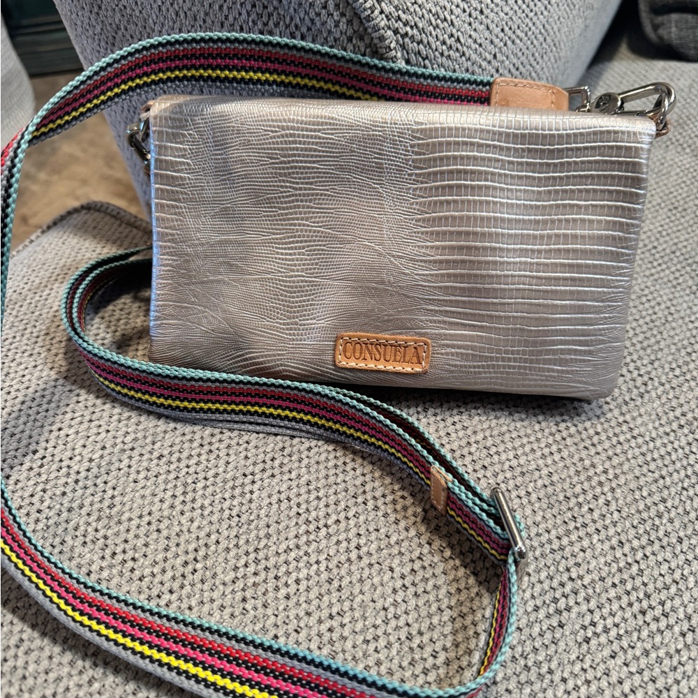 Consuela Metallic Crossbody Bag with Multicolor Strap